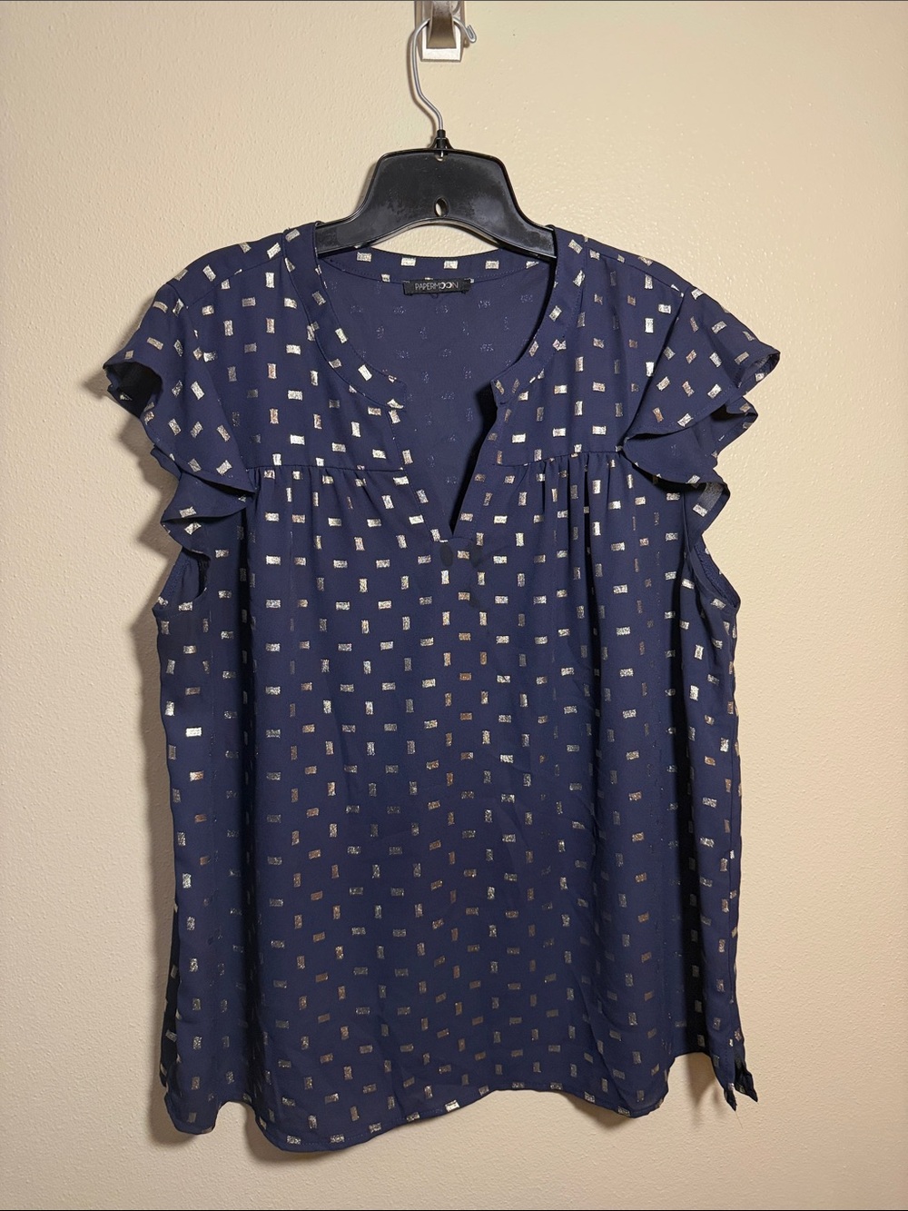 Papermoon Navy Flutter Sleeve Blouse with Metallic Silver Squares